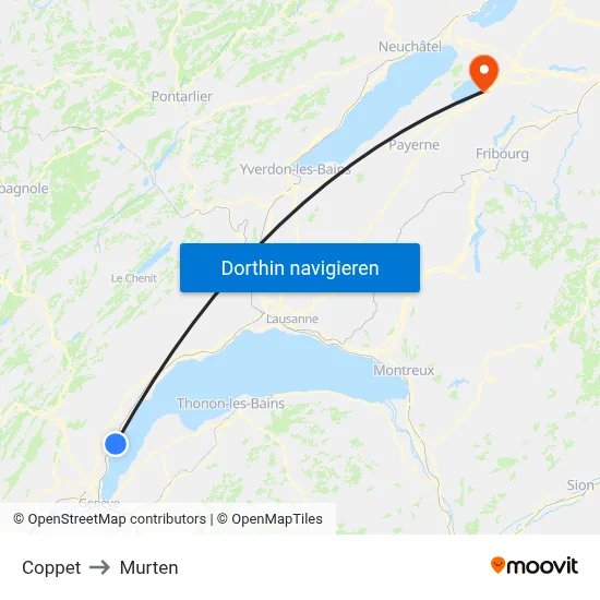 Coppet to Murten map