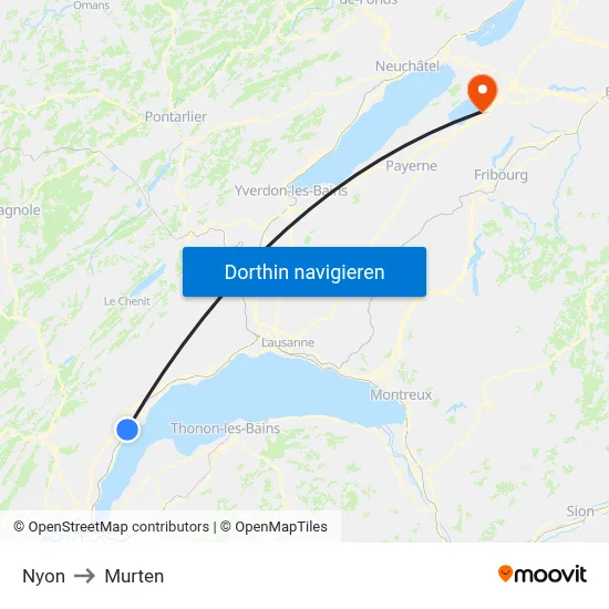 Nyon to Murten map