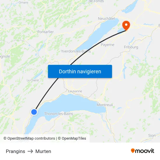 Prangins to Murten map