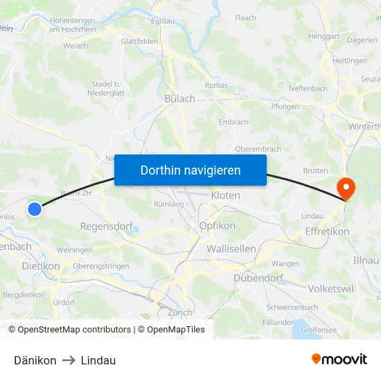 Dänikon to Lindau map
