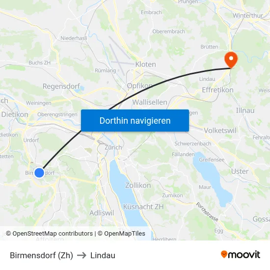 Birmensdorf (Zh) to Lindau map