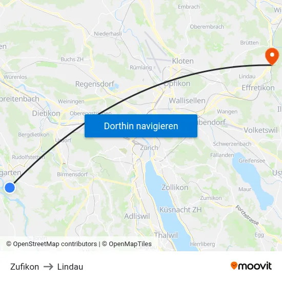 Zufikon to Lindau map