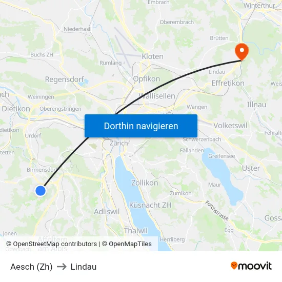 Aesch (Zh) to Lindau map