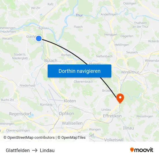 Glattfelden to Lindau map