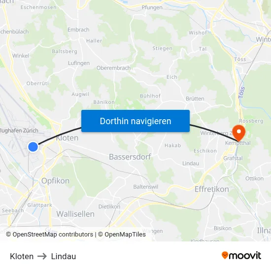 Kloten to Lindau map