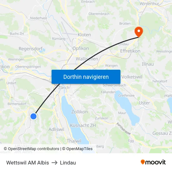Wettswil AM Albis to Lindau map