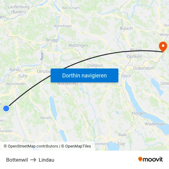 Bottenwil to Lindau map