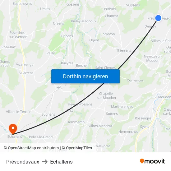 Prévondavaux to Echallens map