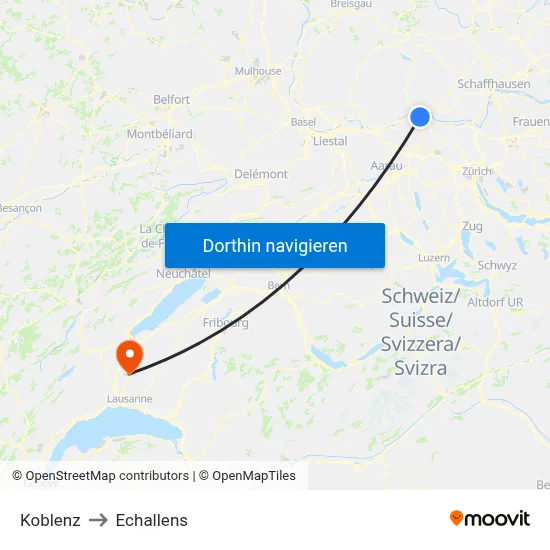 Koblenz to Echallens map
