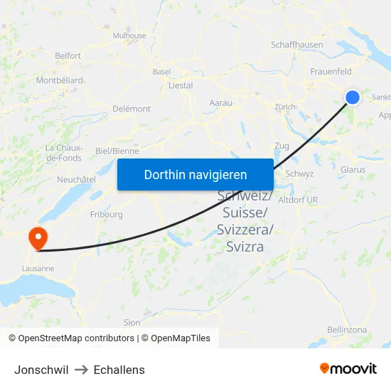 Jonschwil to Echallens map