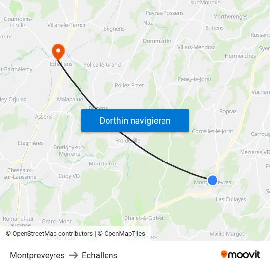 Montpreveyres to Echallens map