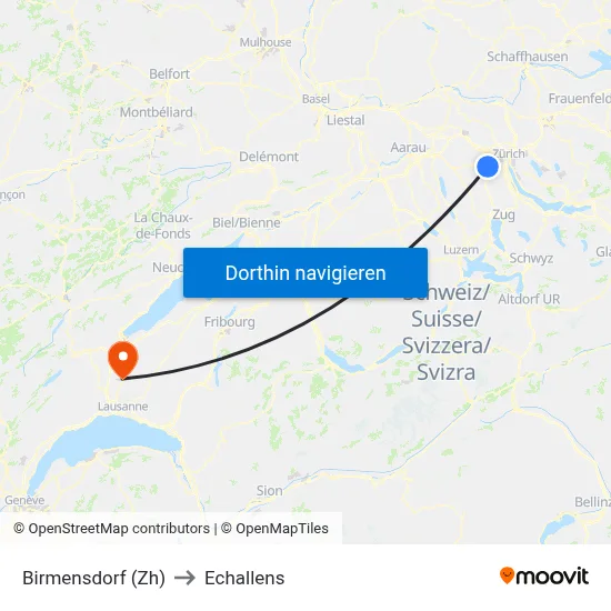 Birmensdorf (Zh) to Echallens map