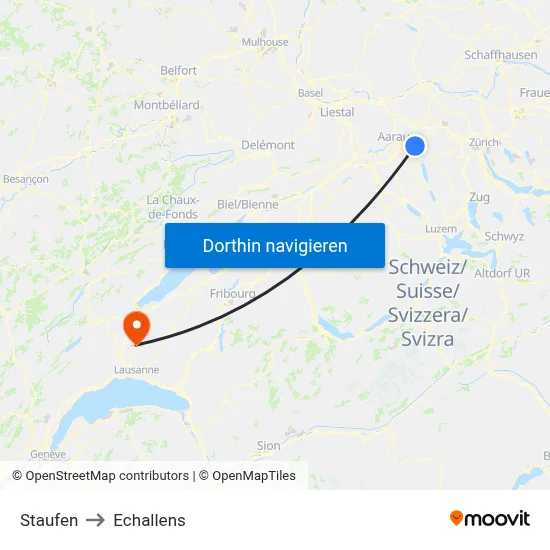 Staufen to Echallens map