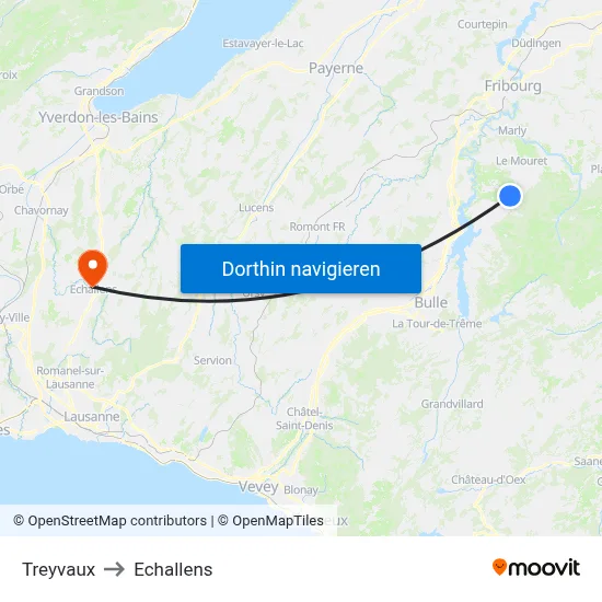 Treyvaux to Echallens map