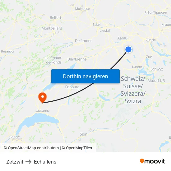 Zetzwil to Echallens map