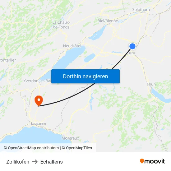 Zollikofen to Echallens map