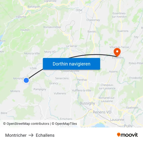 Montricher to Echallens map