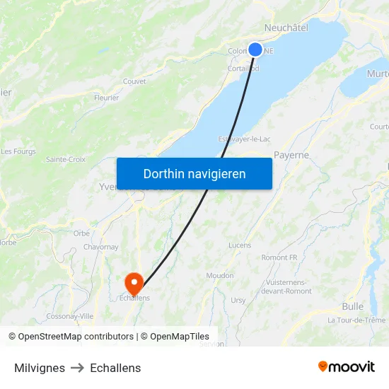 Milvignes to Echallens map