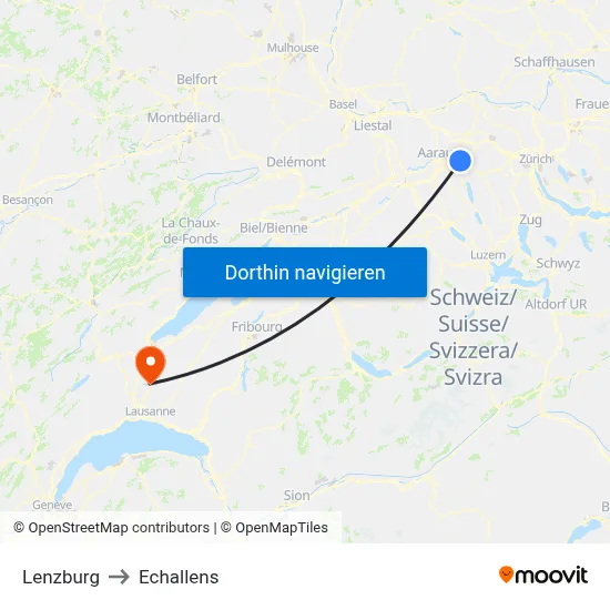 Lenzburg to Echallens map