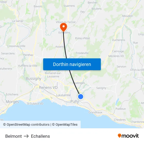 Belmont to Echallens map