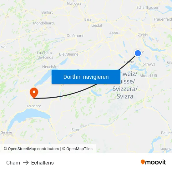 Cham to Echallens map