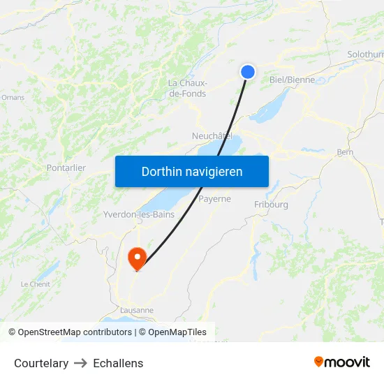 Courtelary to Echallens map