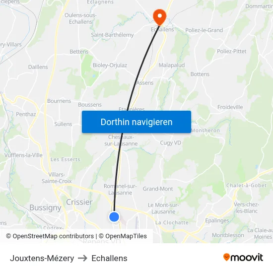 Jouxtens-Mézery to Echallens map