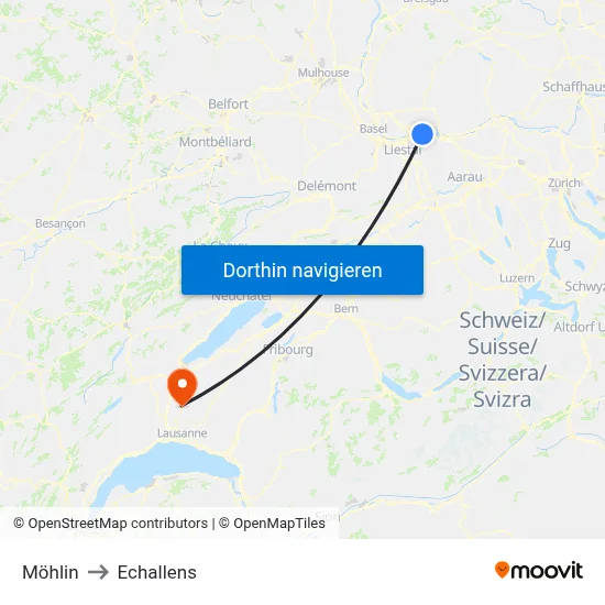 Möhlin to Echallens map