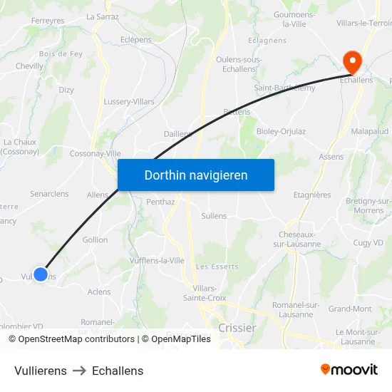 Vullierens to Echallens map