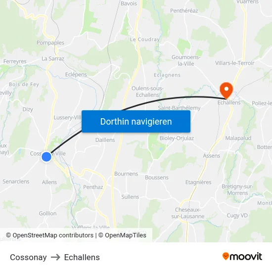 Cossonay to Echallens map