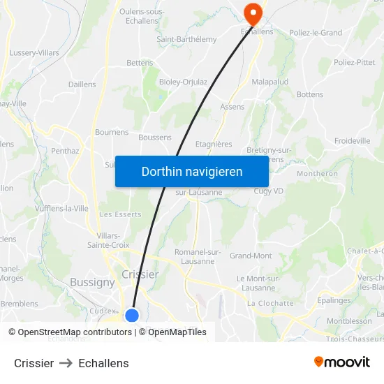 Crissier to Echallens map