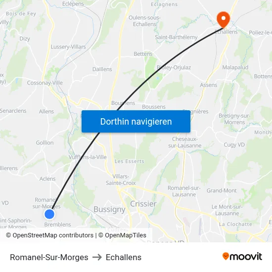 Romanel-Sur-Morges to Echallens map
