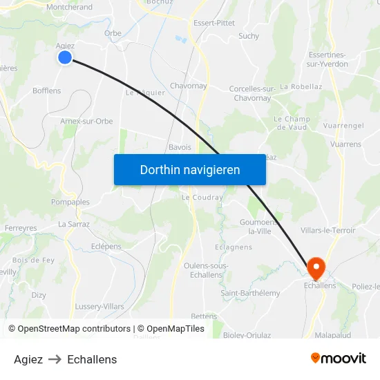 Agiez to Echallens map
