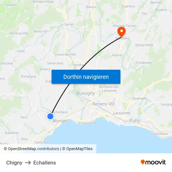 Chigny to Echallens map