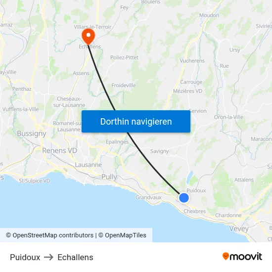 Puidoux to Echallens map