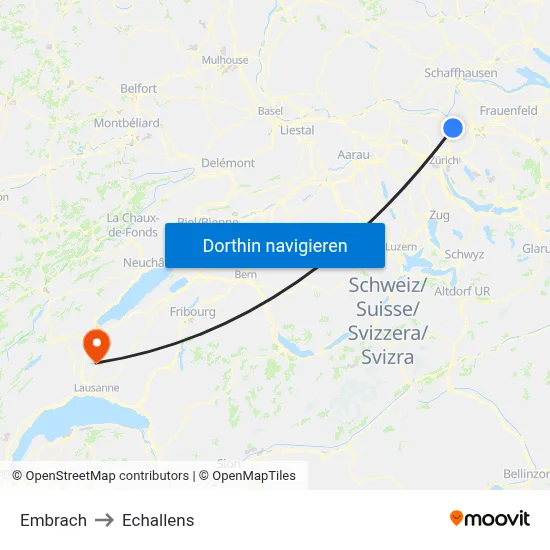 Embrach to Echallens map