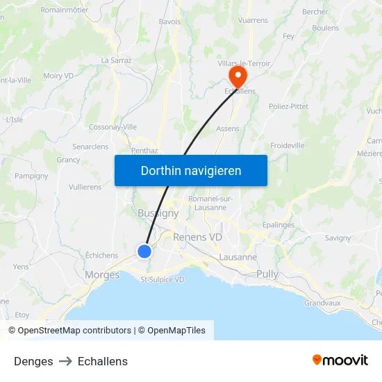 Denges to Echallens map