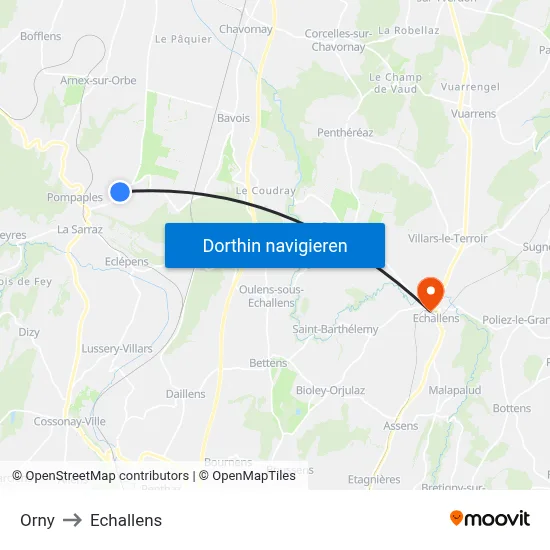 Orny to Echallens map