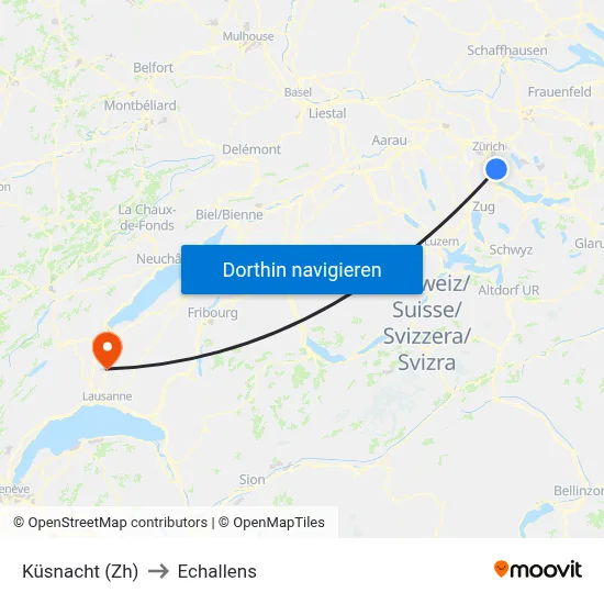 Küsnacht (Zh) to Echallens map