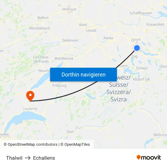 Thalwil to Echallens map