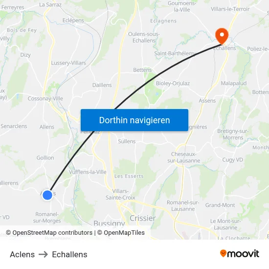 Aclens to Echallens map
