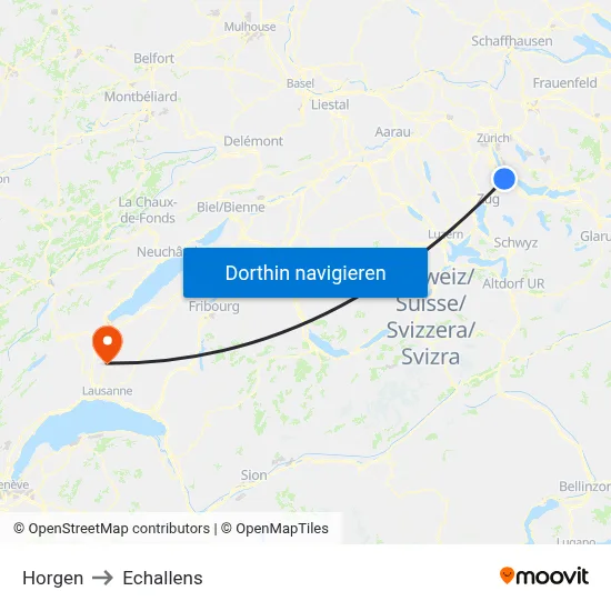 Horgen to Echallens map