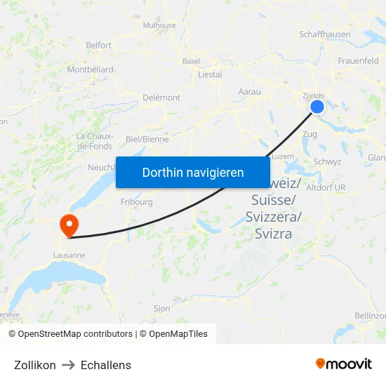 Zollikon to Echallens map