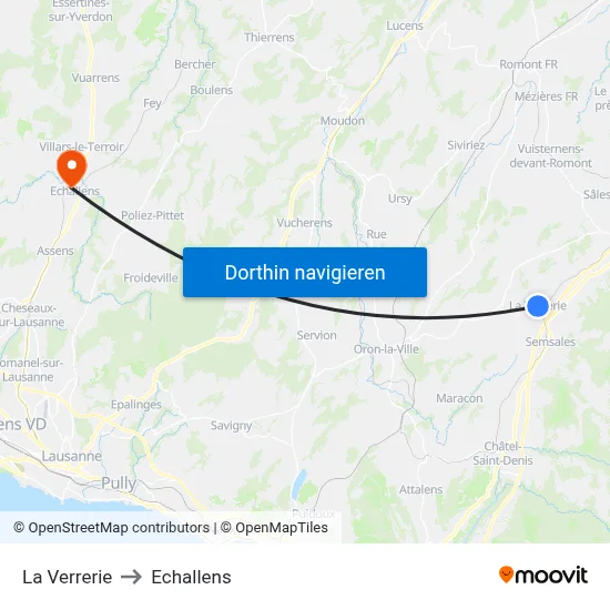 La Verrerie to Echallens map