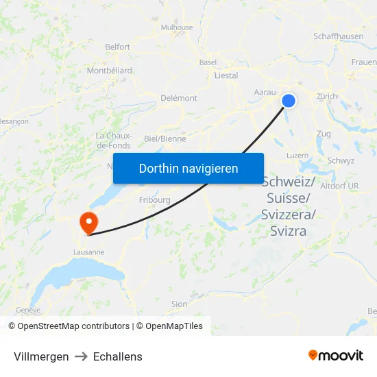 Villmergen to Echallens map