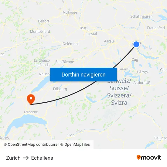 Zürich to Echallens map