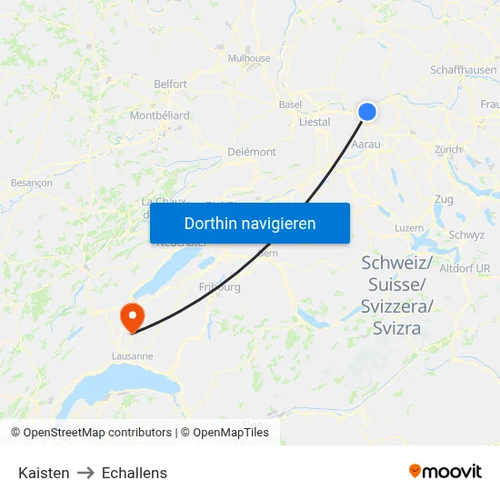 Kaisten to Echallens map