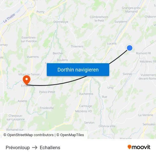 Prévonloup to Echallens map