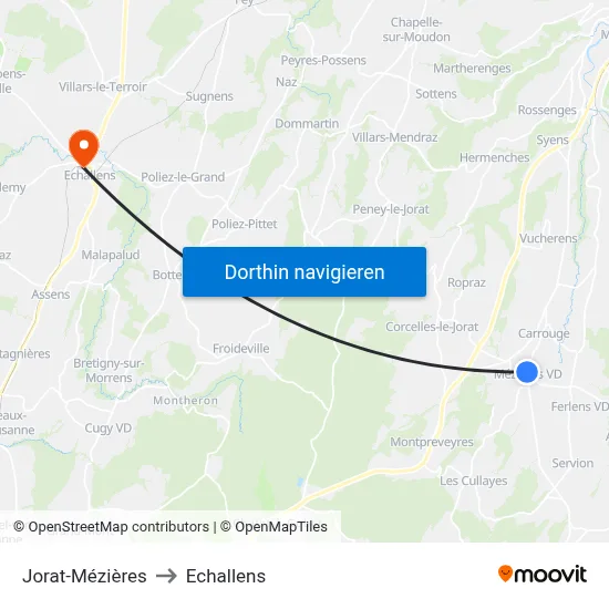 Jorat-Mézières to Echallens map