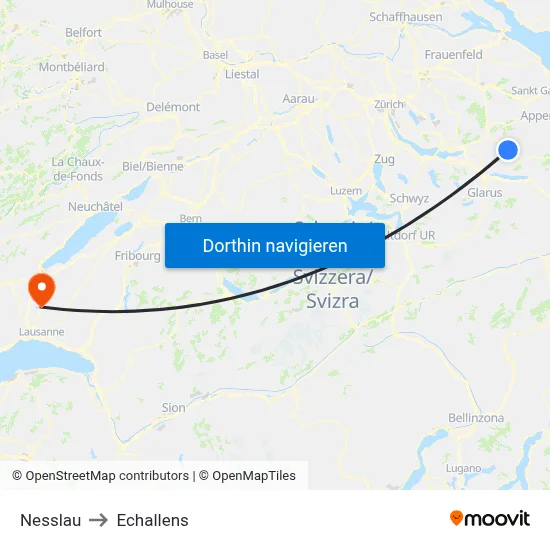 Nesslau to Echallens map